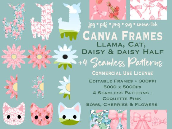 Whimsical Design with Llama Daisy Cat Canva Frames